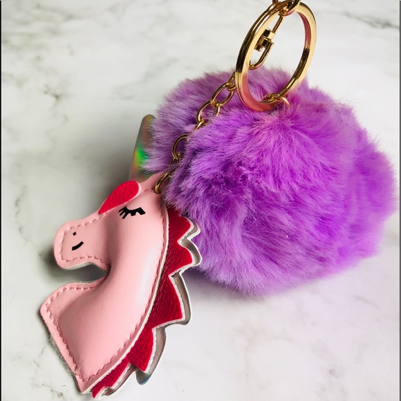 New! Unicorn Faux Fur Pom Pom Keychain Bag Charm - Picture 4 of 5